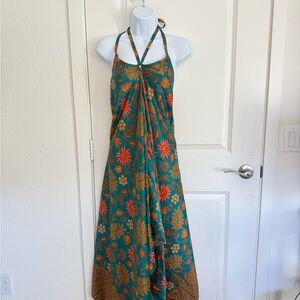 Floral Halter Maxi Dress - Green and Orange